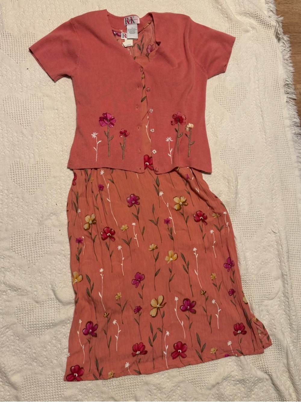 VTG R&K Originals 2PC Dress Set Floral Embroidered Cardigan Cottagecore 8
